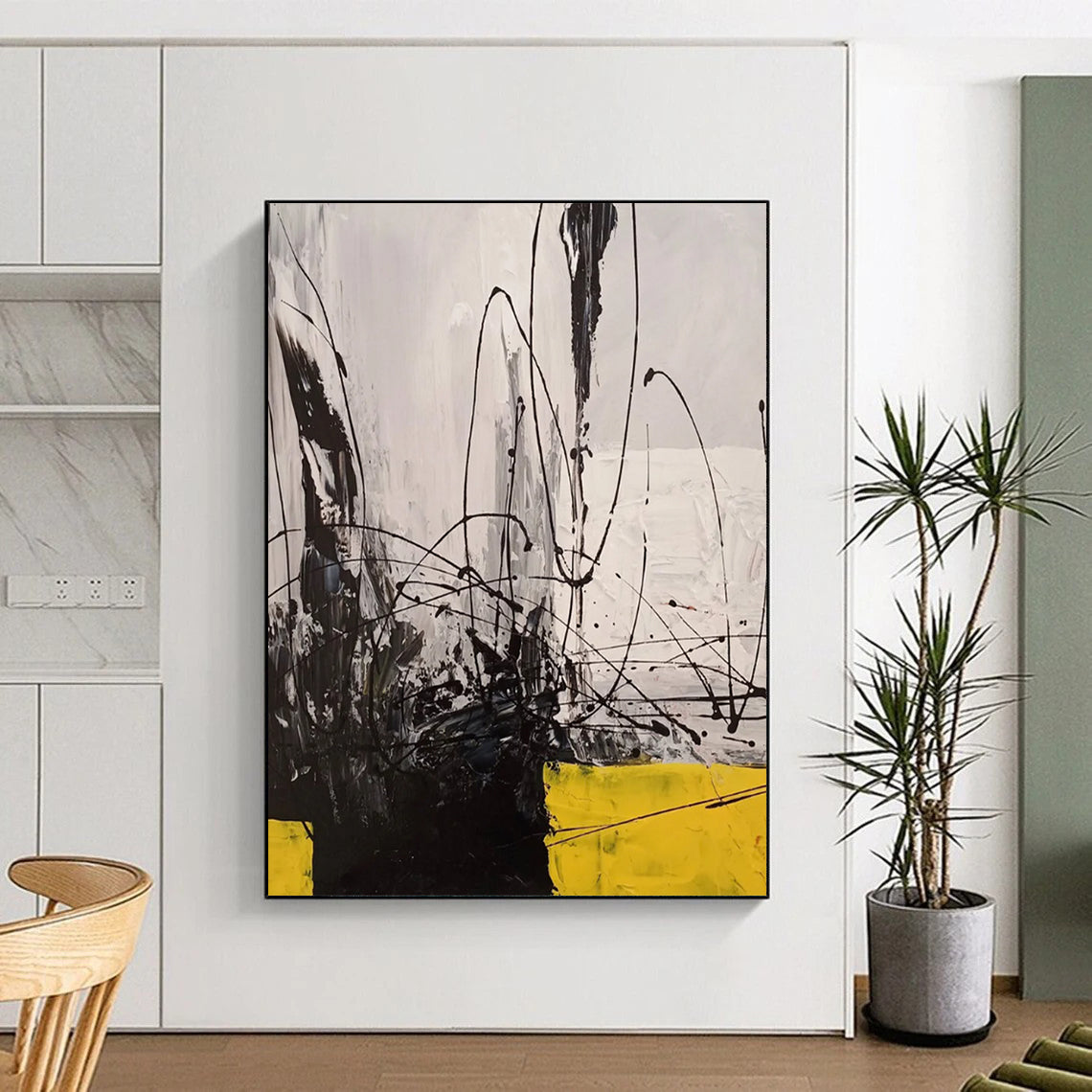 Black - White - Yellow Dynamic Lines Abstract Expressionist Painting On Canvas DS053