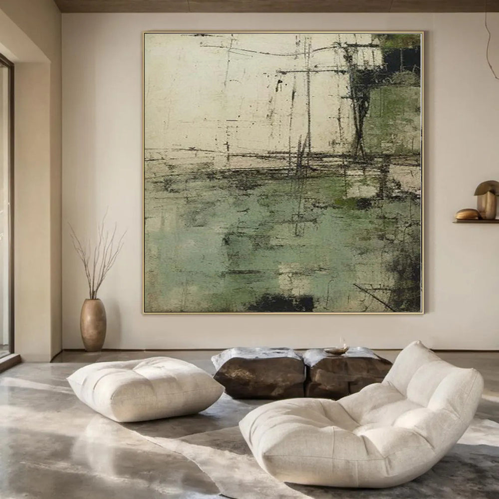 “Green - Gray Textured Abstract” - Rustic Abstract Painting On Canvas PS0160