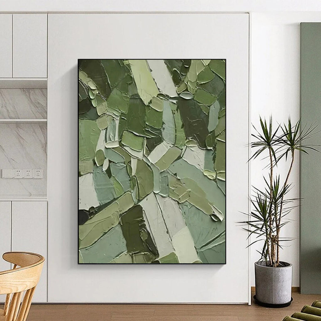 “Green Patchwork Abstract” - Cubist - Inspired Abstract Painting On Canvas PT2296