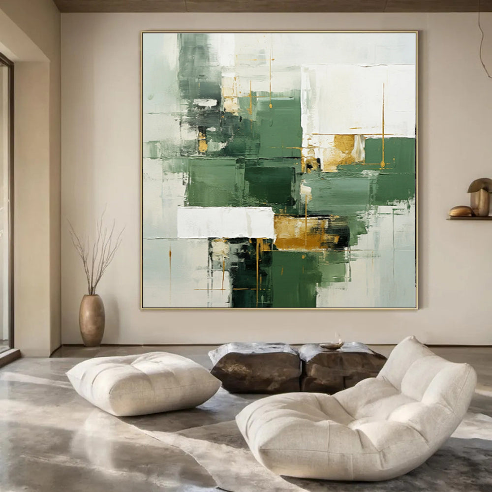 “Green - Gold Geometric Fusion” - Modernist Abstract Art On Canvas PS0199