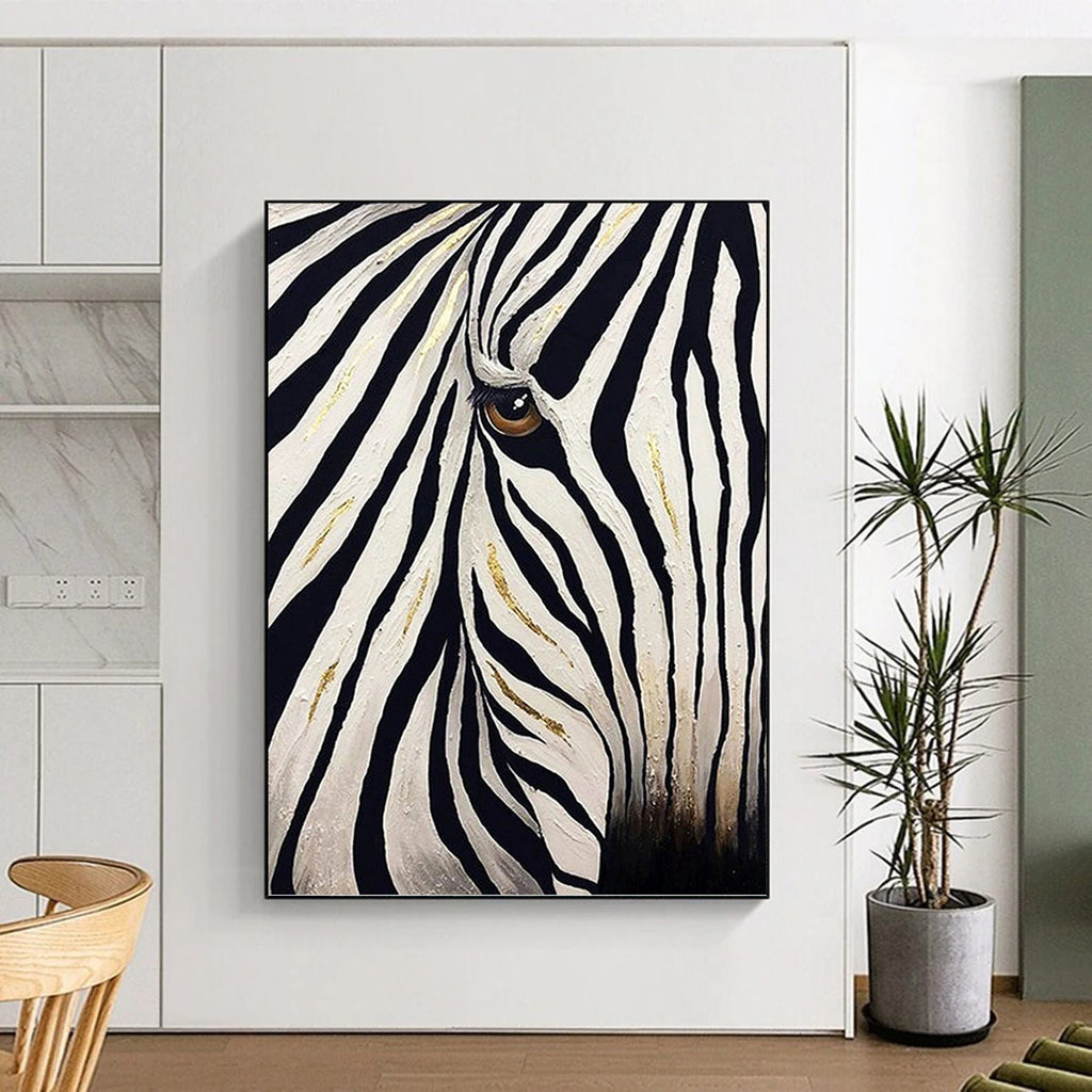 “Golden - Striped Zebra Gaze” Painting On Canvas PT1446