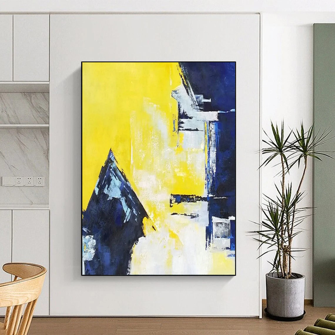 “Yellow - Blue Geometric” - Modernist Abstract Painting On Canvas PT2304