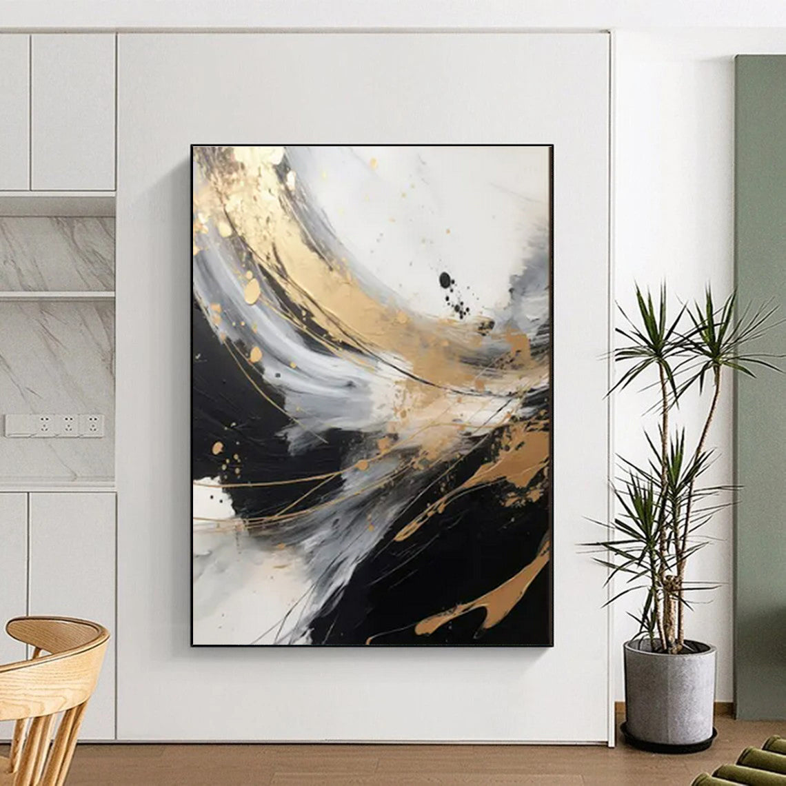 Black, White, Gold & Gray Dynamic Swirl "Midnight Gleam" Painting On Canvas PS0847