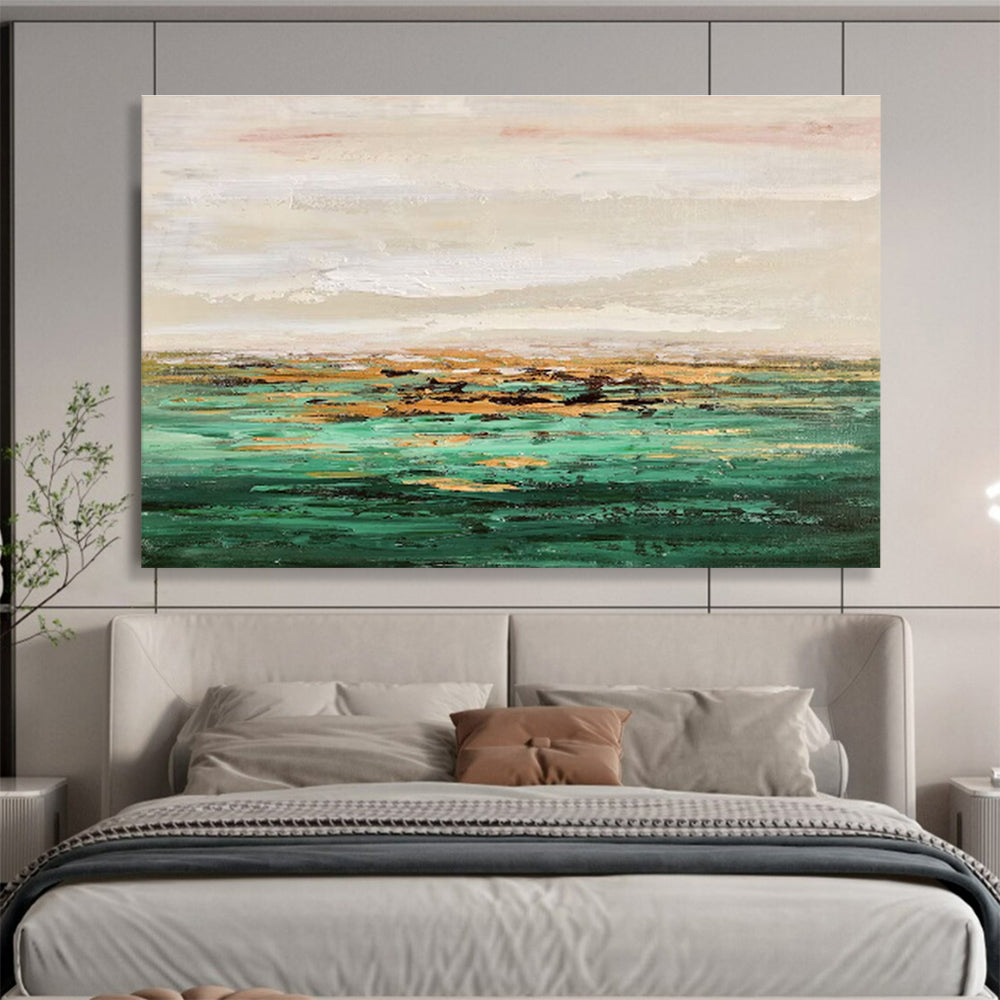 Teal Gold Repeat: Teal, Gold & Beige Abstract Landscape Painting for Coastal Villa & Relaxation Lounge DKS648
