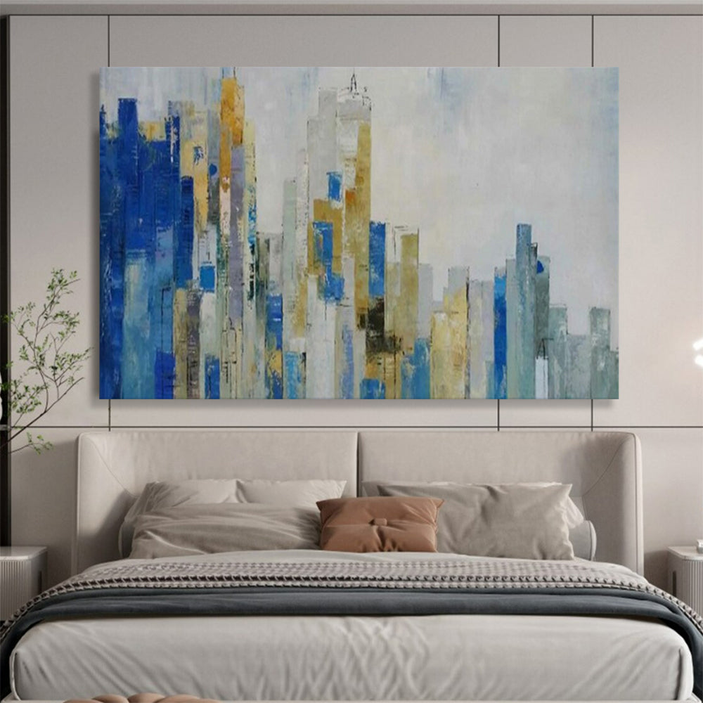“Blue - Gold Abstract Cityscape” - Metallic Accents “Urban Skyline” Painting On Canvas PT1659