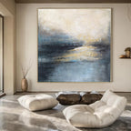 Blue, Gray, Beige and Gold with Subtle Light Reflections "Dawn’s Whisper" Abstract Landscape Painting On Canvas PS1155