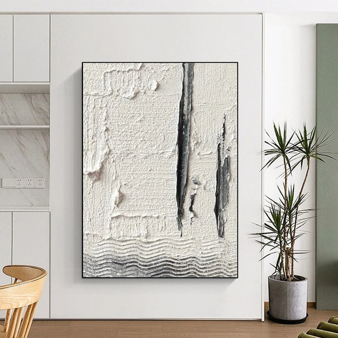 “Textured White with Grey Lines and Waves” - Minimalist Abstract Painting On Canvas DS371