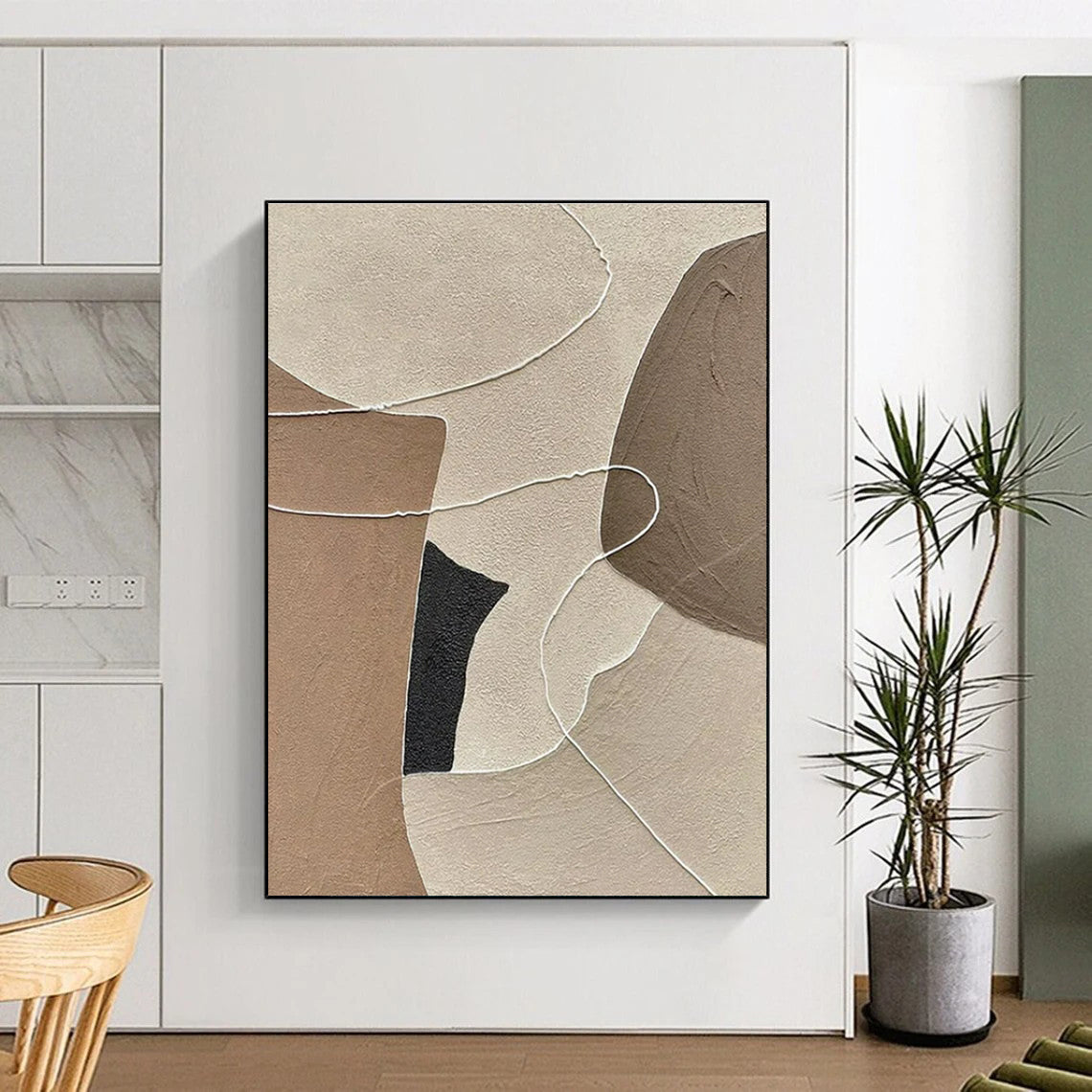 “Neutral Shapes & Lines” - Beige, Brown, Black, White Abstract Geometric Painting On Canvas PS0654