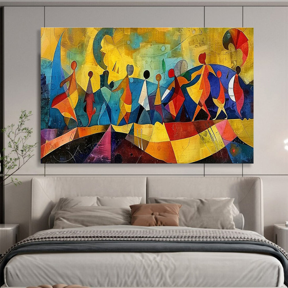 “Colorful Abstract Figures” - Yellow, Blue & Red Figurative, Cubist - Style Painting On Canvas DKS768