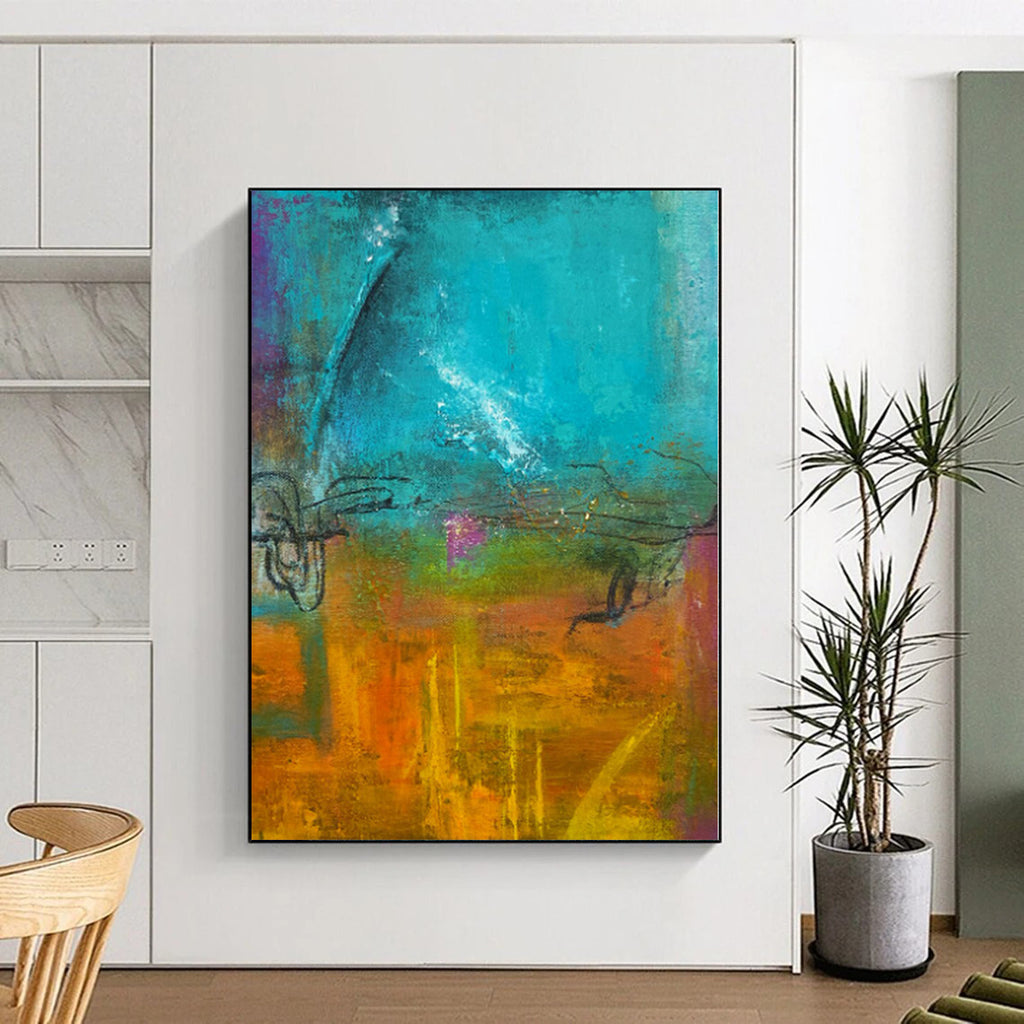 “Turquoise - Orange Abstract” - Vibrant Abstract Painting On Canvas PS0059