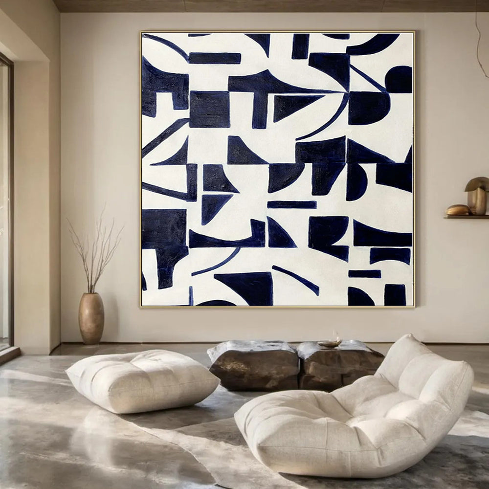 Navy, White with Geometric Shapes "Geometric Pulse" Abstract Painting On Canvas PS1327