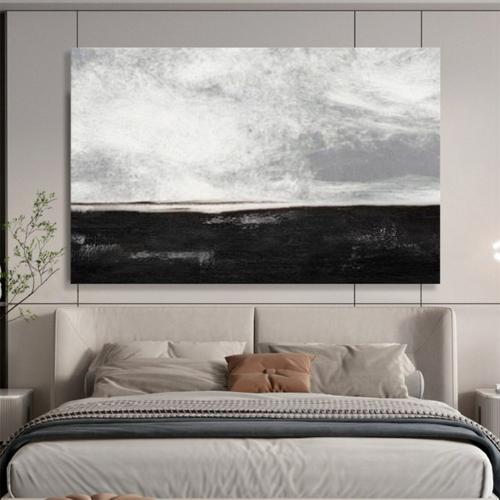 “Black - White Minimalist Horizon” - Monochromatic Calm “Nightfall Shore” Painting On Canvas PT1666