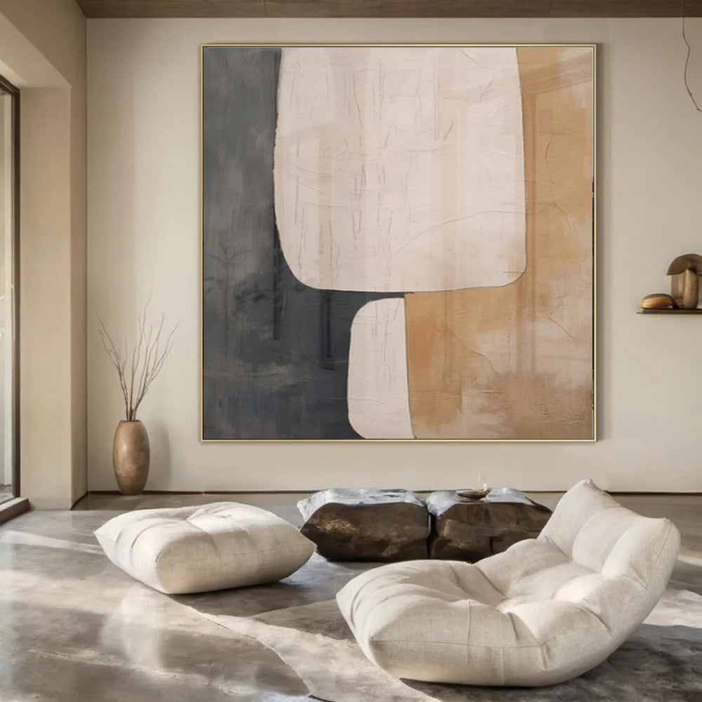 Gray, Beige, and White Shapes "Soft Structure" Abstract Geometric Painting On Canvas PS1047