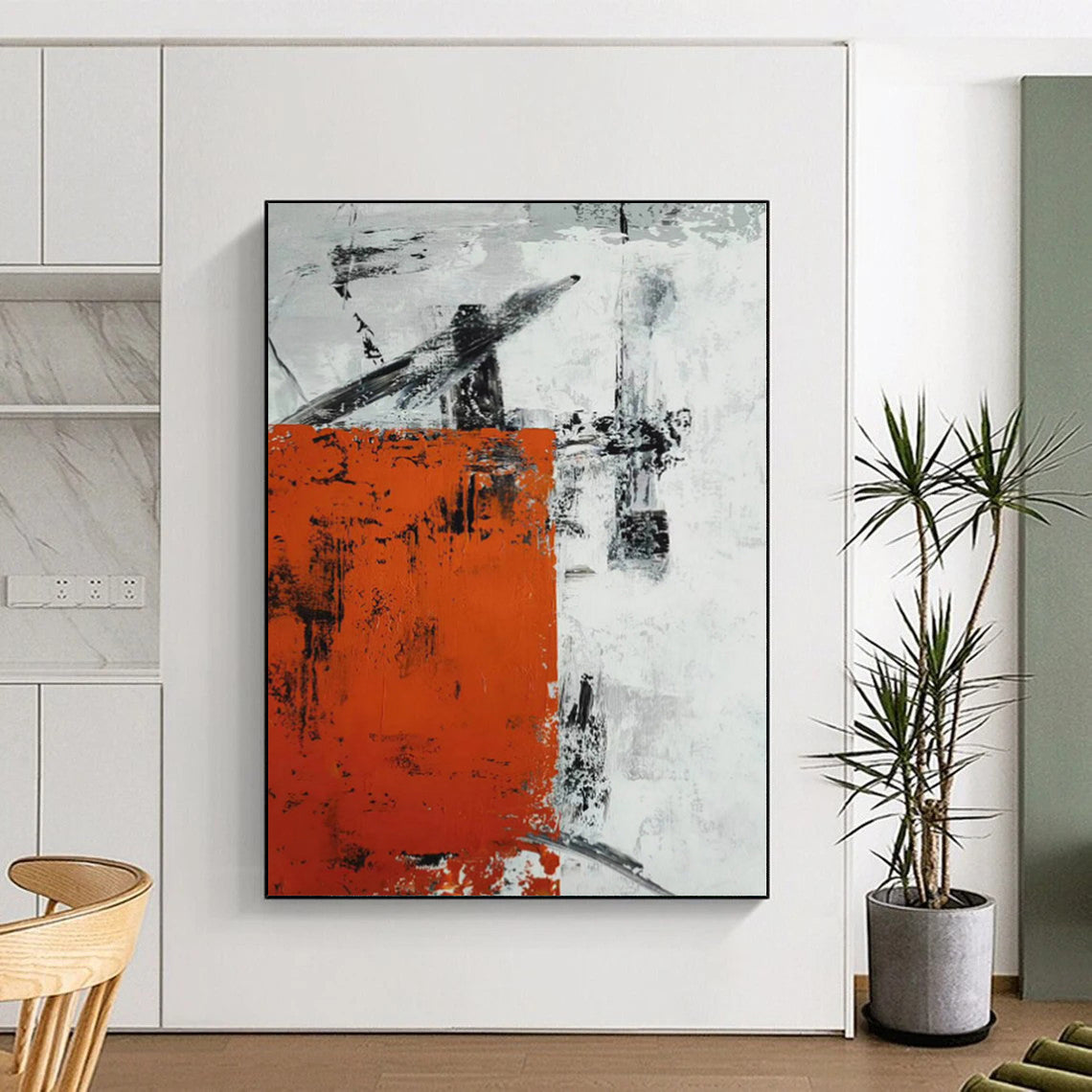 “Orange - Grey Abstract Textured Rectangle” - Rustic Abstract Painting On Canvas PS0332