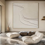 Beige with Curved White Lines "River Flow" Textured Abstract Painting On Canvas PS1094