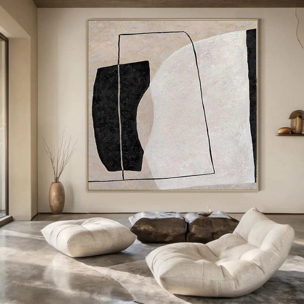 Beige, Black and White with Rectangular and Curved Forms "Form Fusion" Abstract Painting On Canvas PS1123
