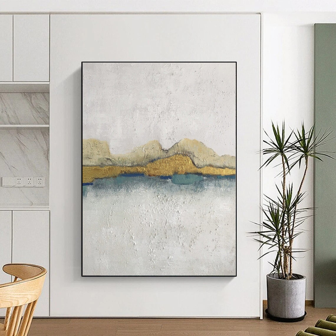“Gold & Blue Minimalist Landscape” - Minimalist Abstract Painting On Canvas PS0413