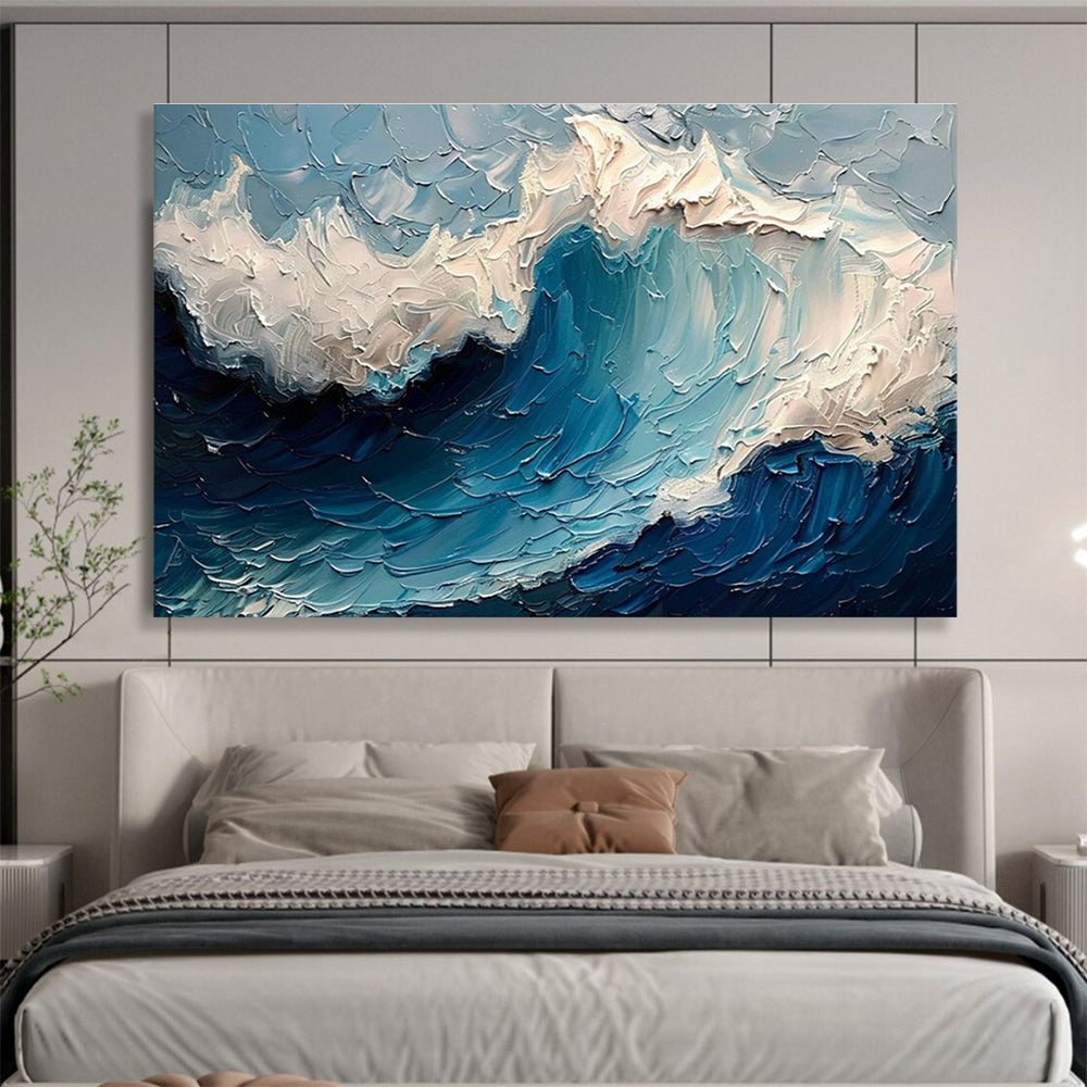 “Textured Ocean Wave” - Blue, White & Gray Seascape, Impasto Oil Painting On Canvas DKS766