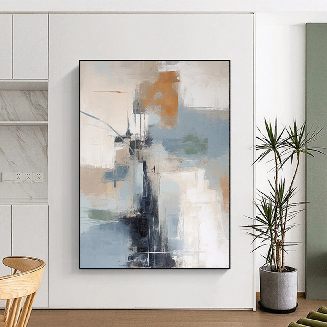 “Blue - Grey - Orange Abstract Shapes” - Cubist Abstract Painting On Canvas PT1254