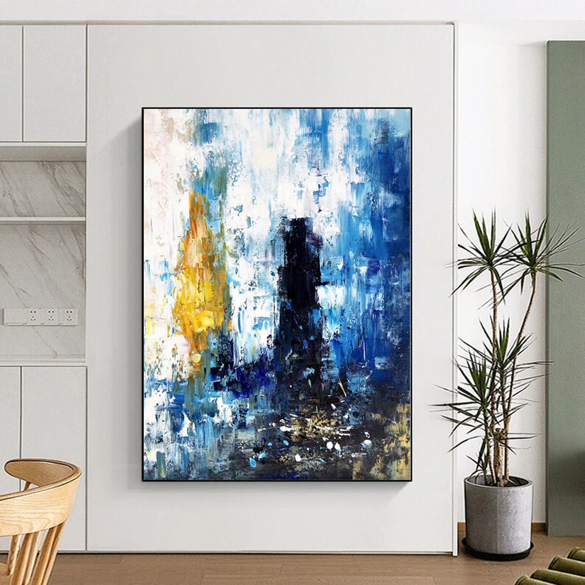“Blue - Yellow - White Abstract Urban Energy” Painting On Canvas PS0381