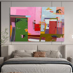 “Vibrant Geometric Abstraction in Pink, Green & Colorful Shapes” - Cubist - Style Modern Painting On Canvas PT013