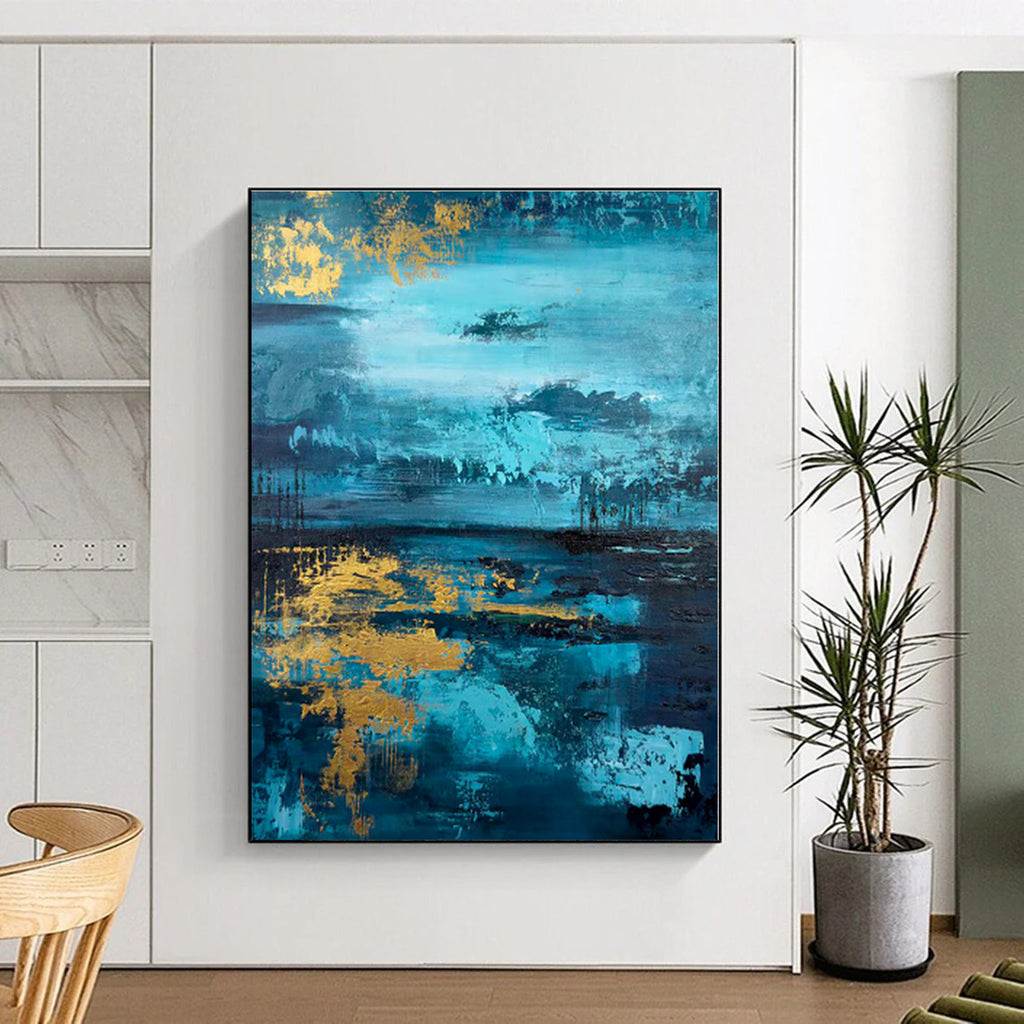 “Teal - Gold Abstract Landscape” - Teal, Gold, Blue Abstract Painting On Canvas PS0446