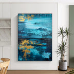 “Teal - Gold Abstract Landscape” - Teal, Gold, Blue Abstract Painting On Canvas PS0446