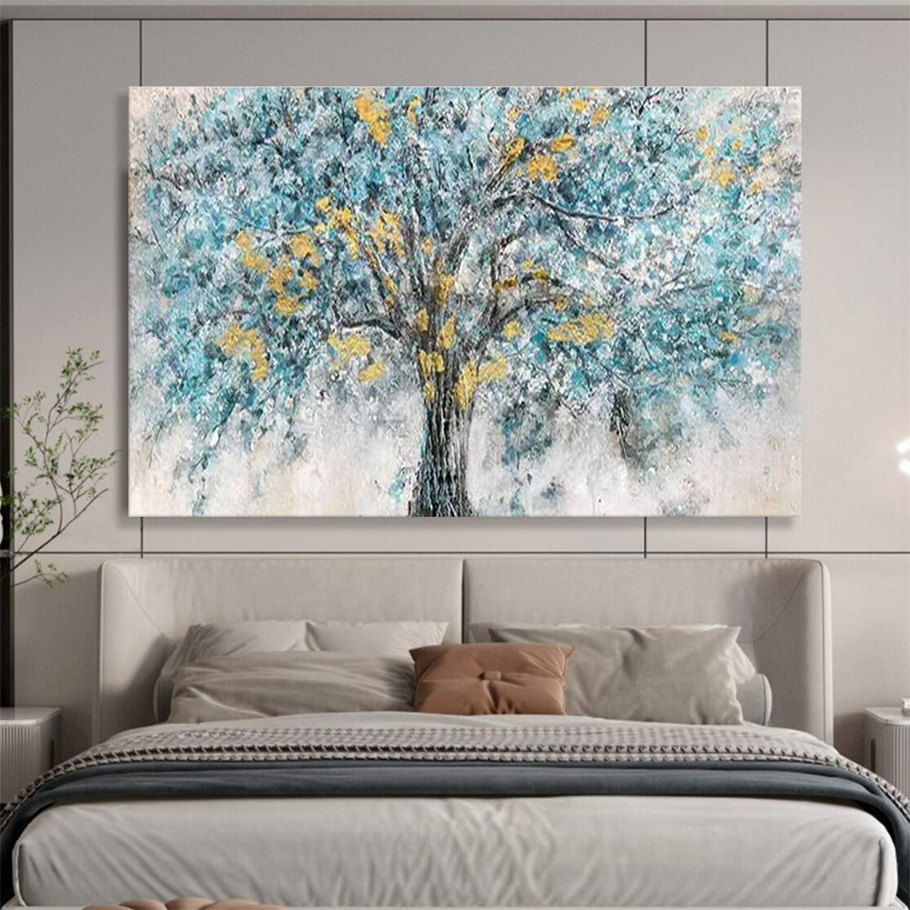 “Blue Tree with Yellow Blossoms” - Abstract Oil Painting On Canvas DKS889