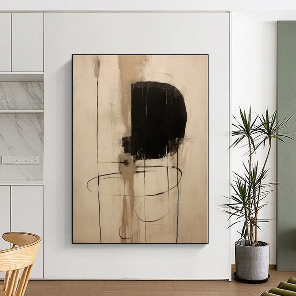 “Black - Beige Linear Abstraction” - Black, Beige Abstract Painting On Canvas PS0526