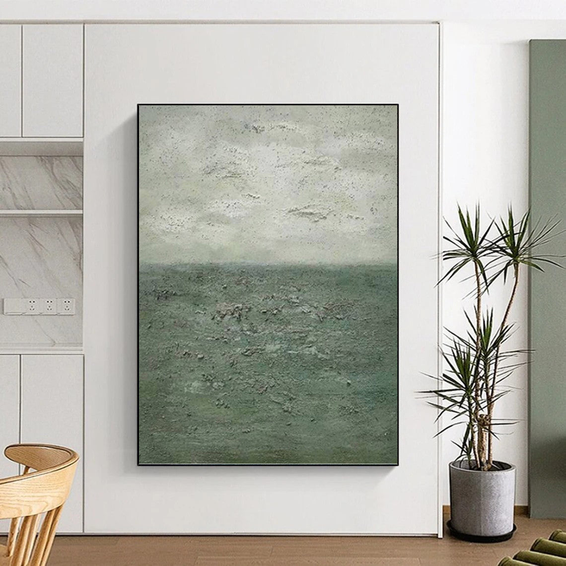 “Textured Green and Gray Seascape” - Seascape, Green - and - Gray Painting On Canvas PT1504