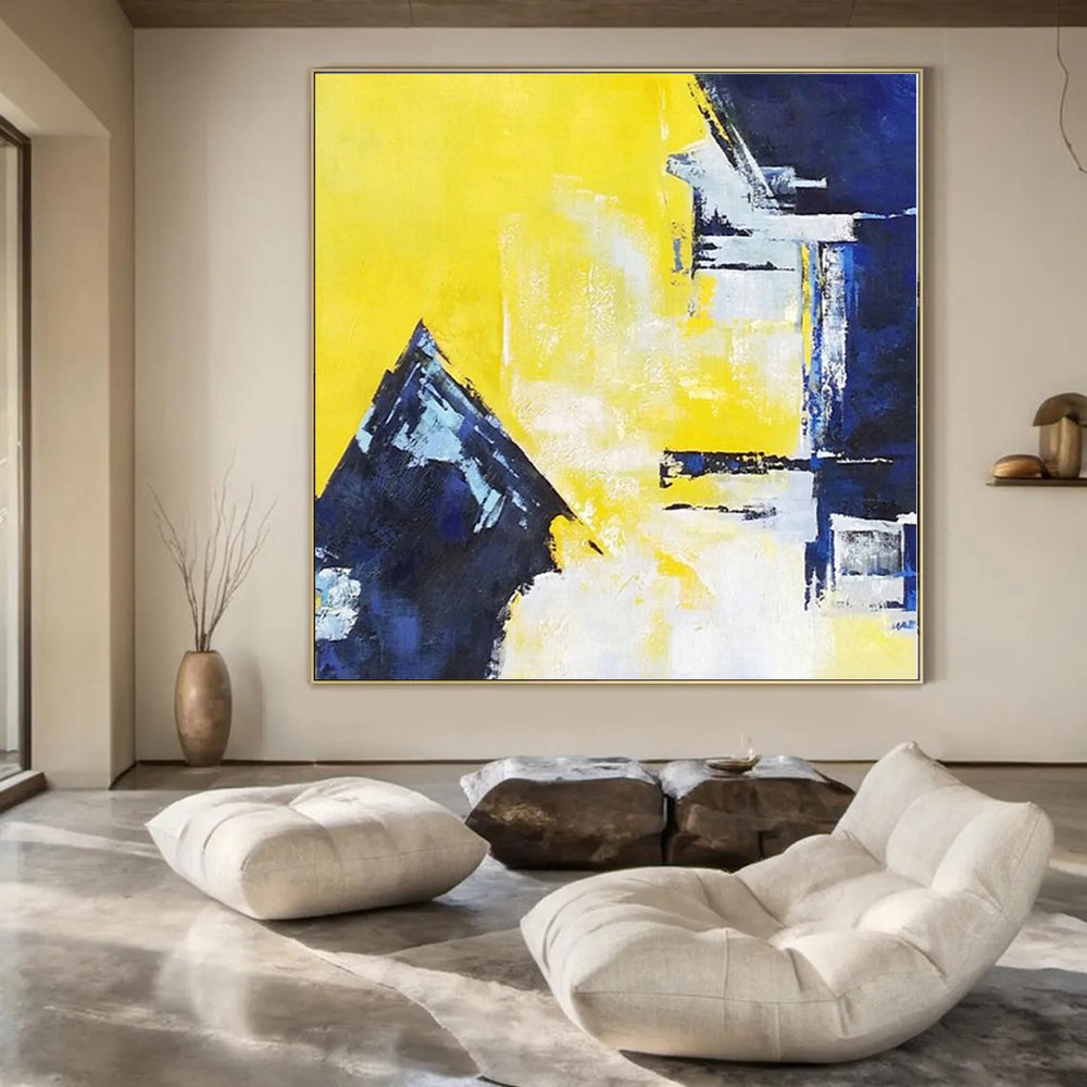 “Yellow - Blue Geometric Clash” - Bold Abstract Painting On Canvas PS0215
