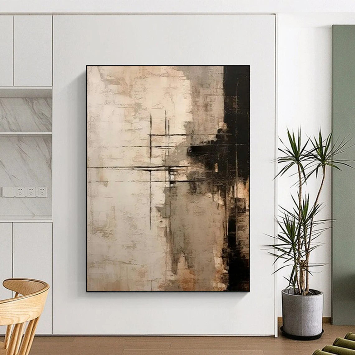 “Neutral Toned Abstract with Black Crossed Lines” - Geometric Abstract Painting On Canvas PS0272