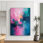 Pink - Teal Abstract Blocks Textured Painting On Canvas DS061
