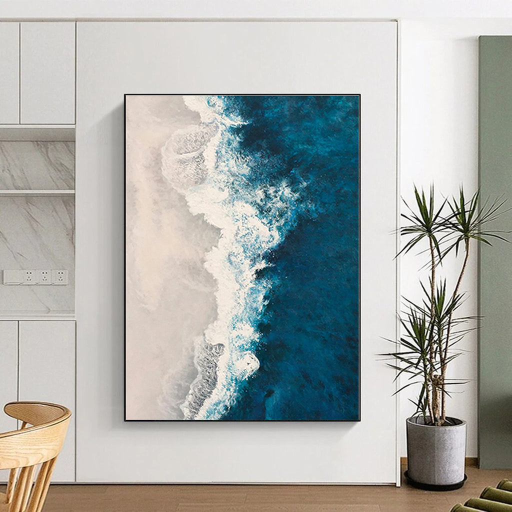 “Blue - White Ocean Abstract” - Blue, White Abstract Seascape Painting On Canvas PS0443