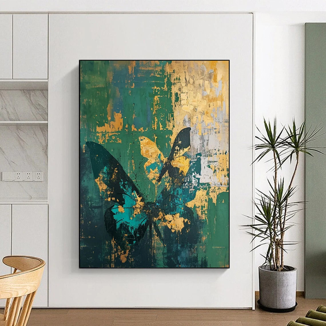 “Butterfly Abstract in Green and Gold” - Mixed - Media Abstract Painting On Canvas PT2287