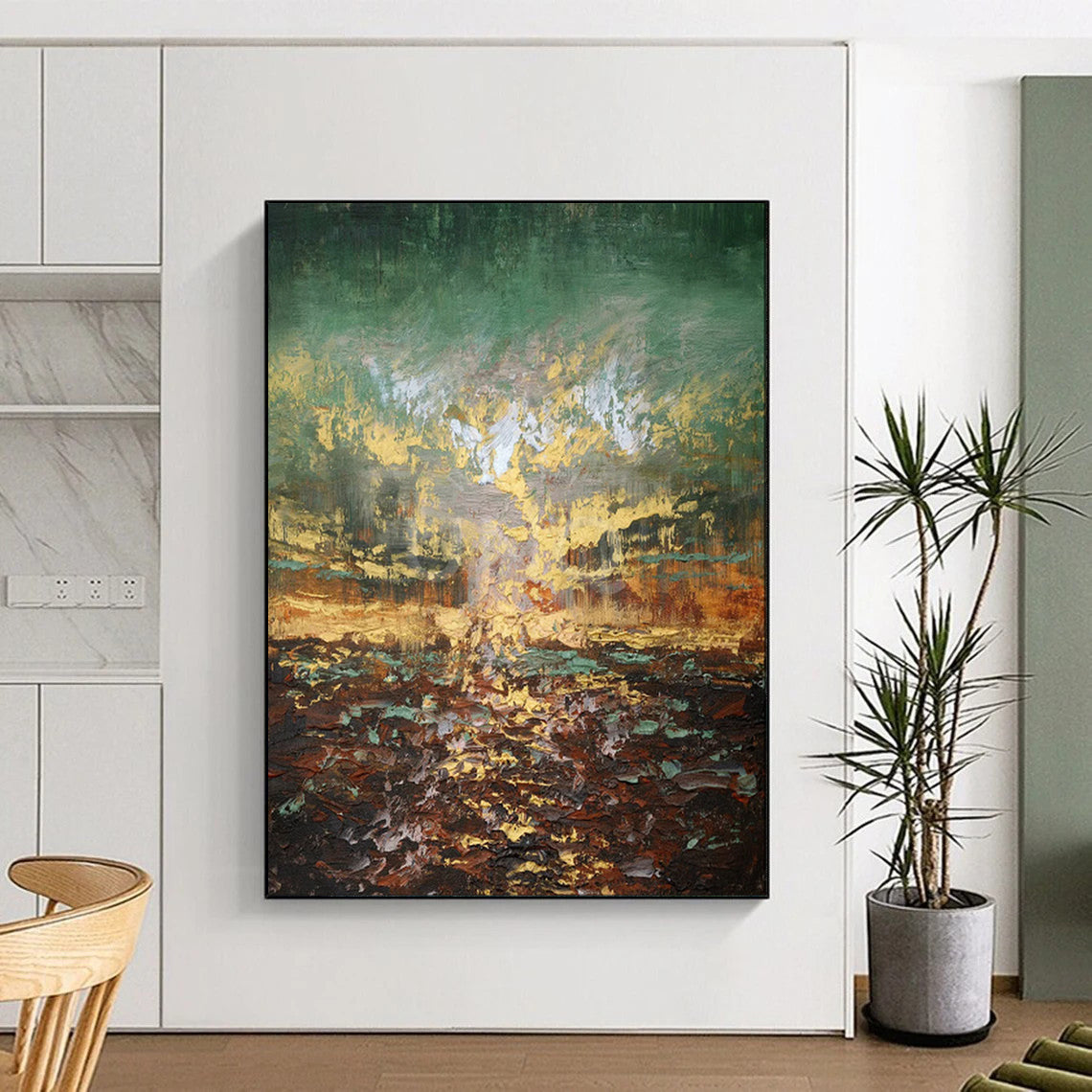 “Textured Green and Gold Abstract Landscape” - Abstract Landscape Painting On Canvas PT1942