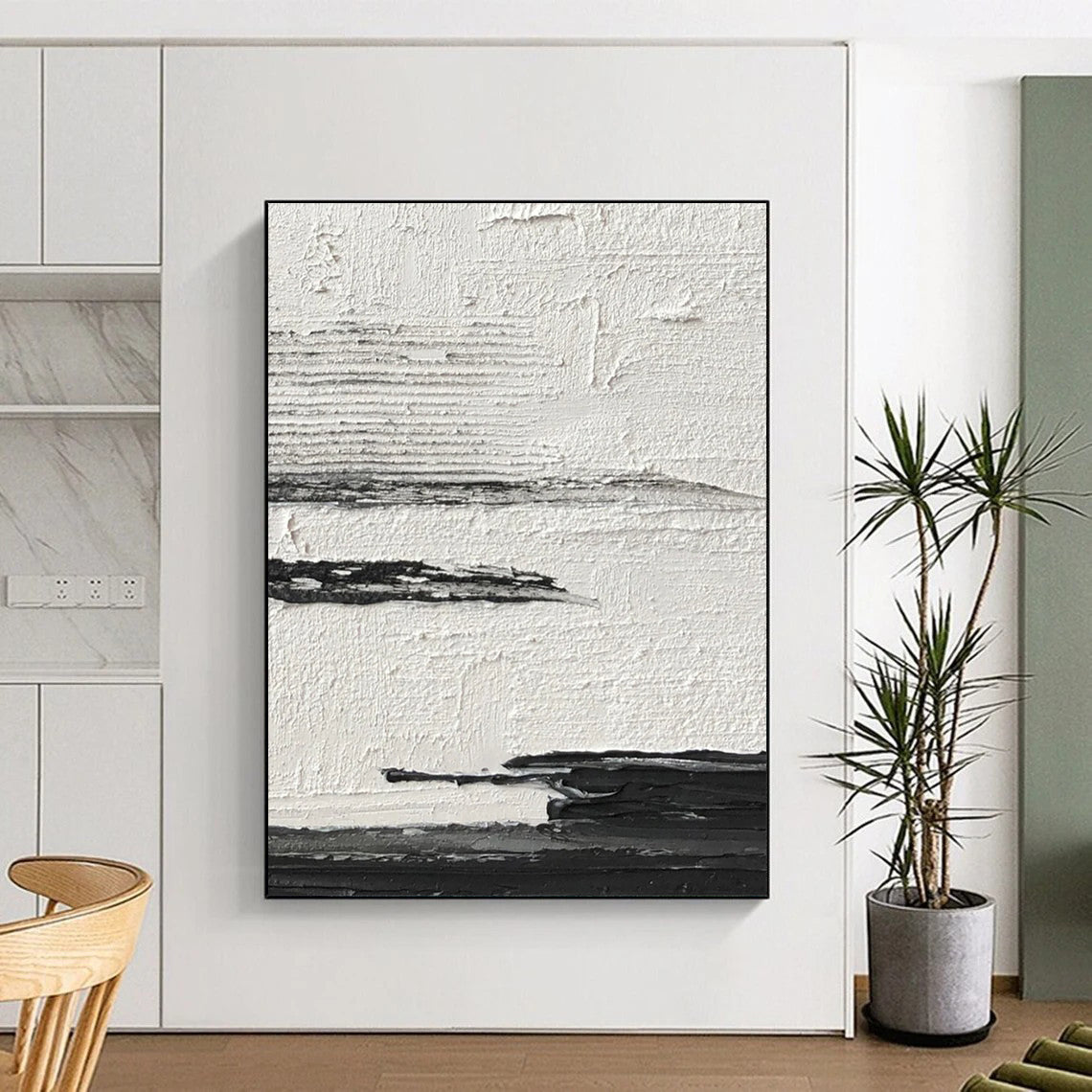 “Textured Black and White Horizons” - Layered Minimalist Painting On Canvas DS369