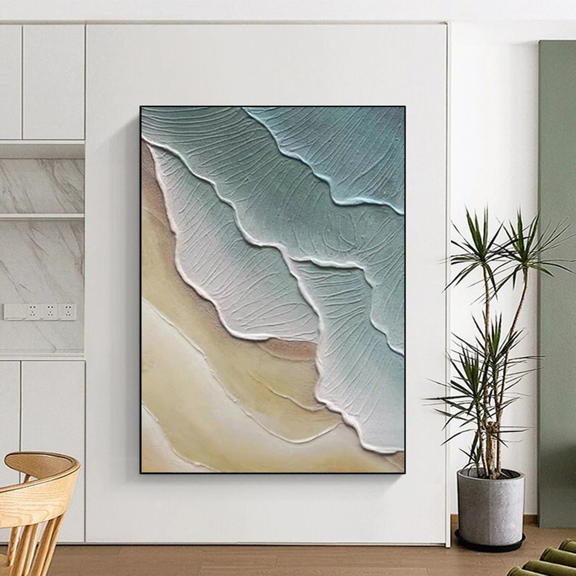 “Textured Leaf - like Shapes in Green and Beige” - Nature - Inspired Textured Painting On Canvas DS342