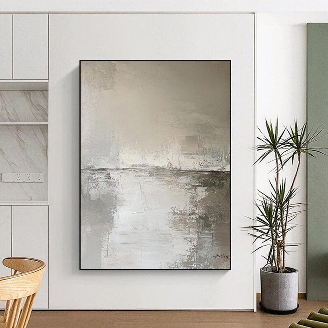 “Monochrome Abstract Landscape” - Gray, White Abstract Landscape Painting PS0772