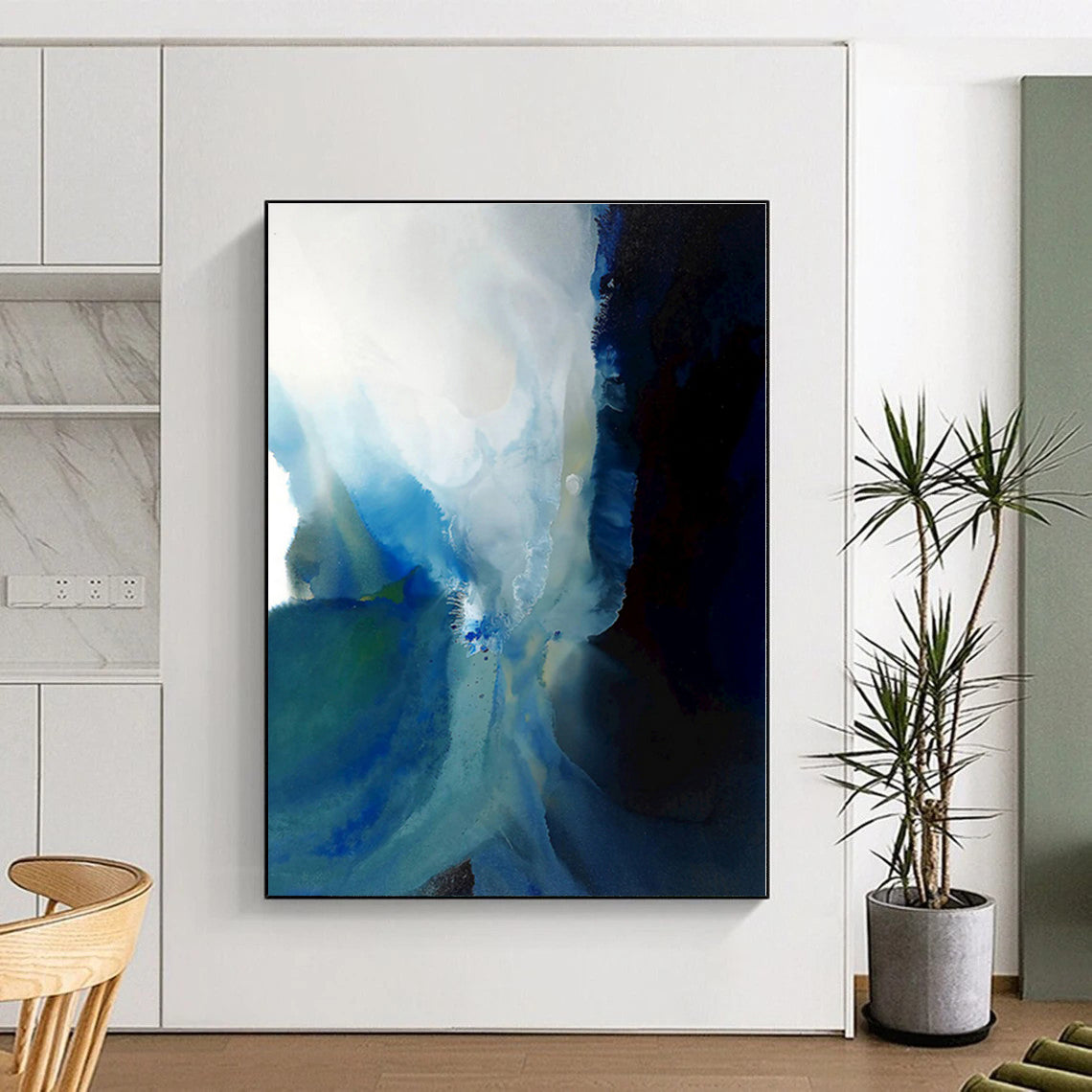 “Blue - Black Abstract Fluidity” - Blue, Black, White Abstract Fluid Painting On Canvas PS0587