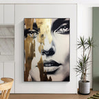 “Gilded Abstract Face” - Black - and - White with Gold Accents Art On Canvas PT2192