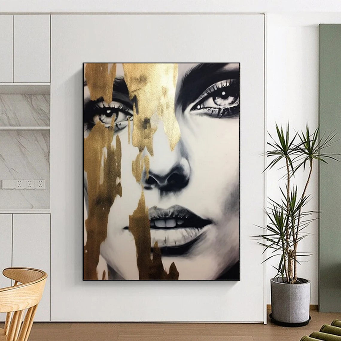 “Gilded Abstract Face” - Black - and - White with Gold Accents Art On Canvas PT2192