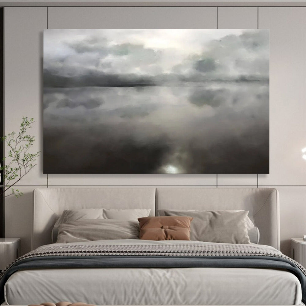 “Monochrome Cloudy Lake Reflection” - Minimalist Landscape Painting On Canvas PT124