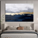 “Gray Gold Abstract” - Gray, Gold & Blue Abstract, Minimalist Oil Painting On Canvas DKS784