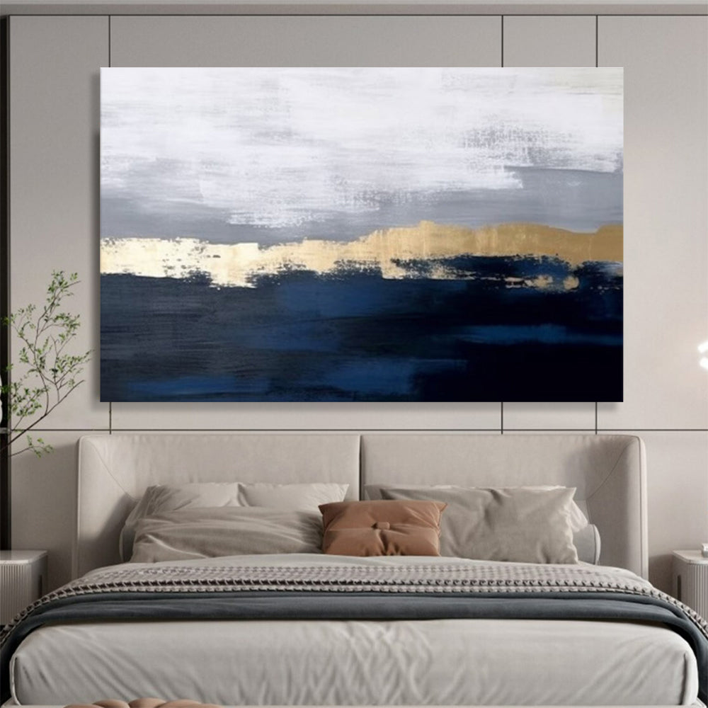 “Gray Gold Abstract” - Gray, Gold & Blue Abstract, Minimalist Oil Painting On Canvas DKS784