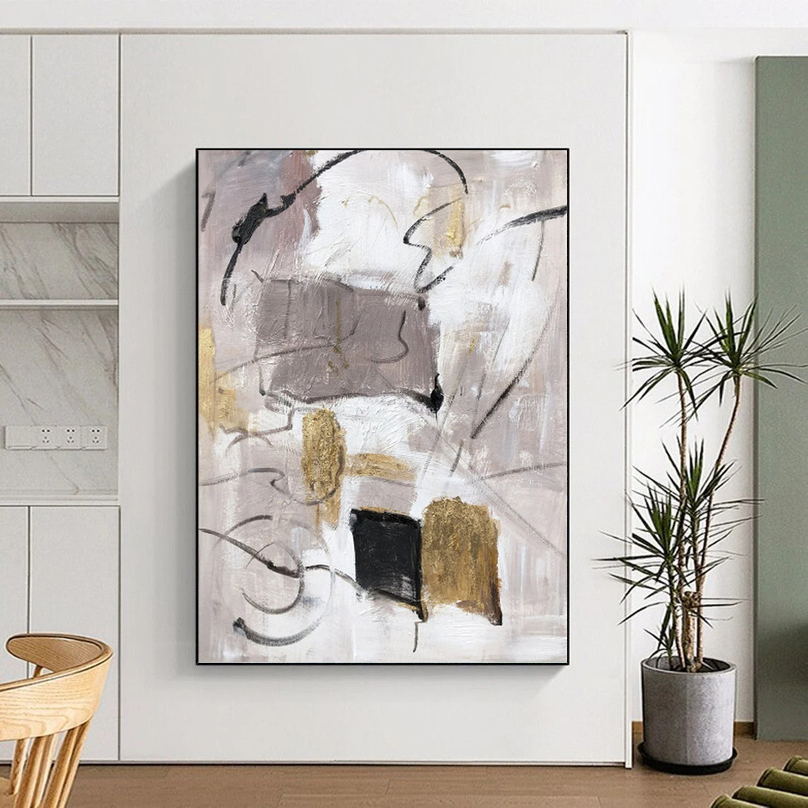 “Grey - Gold Abstract Forms” - Minimalist Abstract Painting On Canvas PT1285