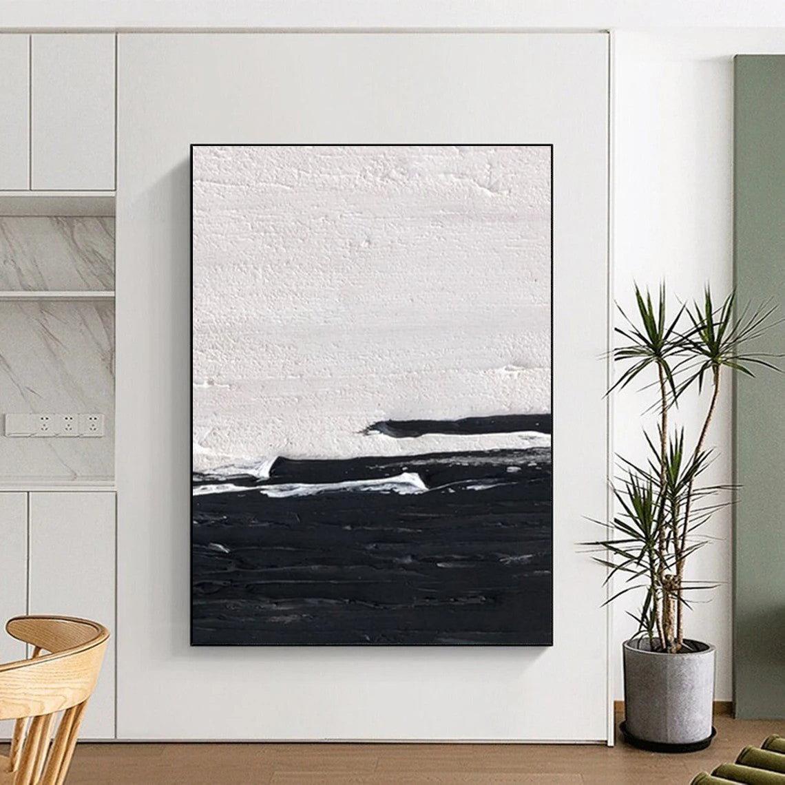 “Black and White Minimalist Horizon” - Subtle Abstract Painting On Canvas DS402