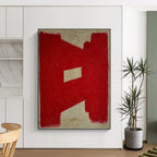 “Red Geometric Shape on Beige” - Bold Color Block Abstract Painting On Canvas PT1076