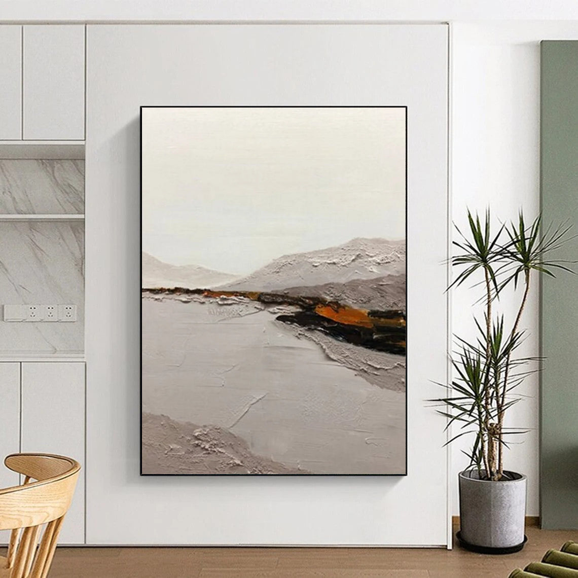 “Neutral Tones Landscape: Grey, White, and Subtle Orange” - Textured Landscape Painting On Canvas DS401