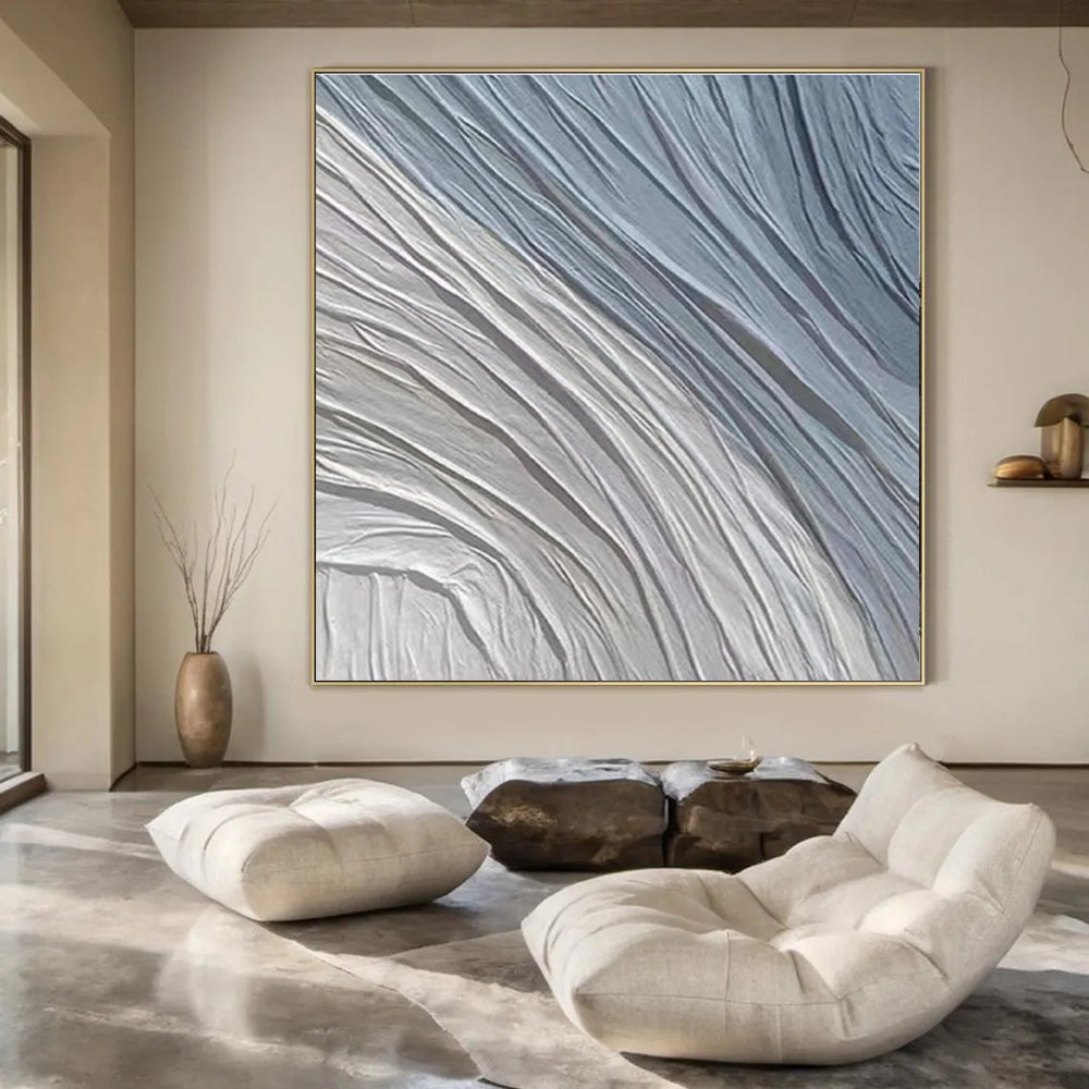 Gray, Blue with Wavy Textures "Ocean Ripple" Abstract Painting On Canvas PS1431